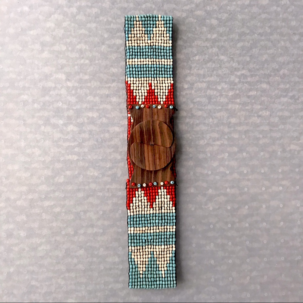 women’s glass beaded cinch belt with wood clasp